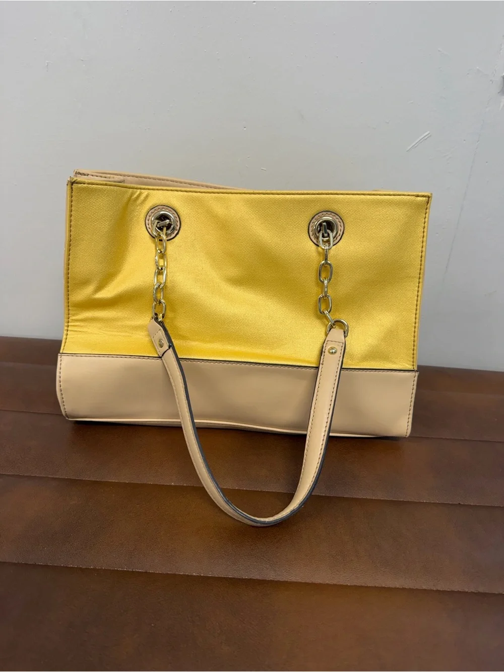 Anne Klein Yellow and Beige Chain-Handle Tote